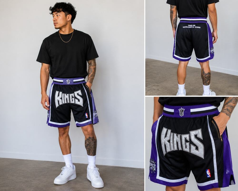 Just Don Sacramento Kings 1998-99 Shorts Black Purple Mesh Zip Pocket Men's XL